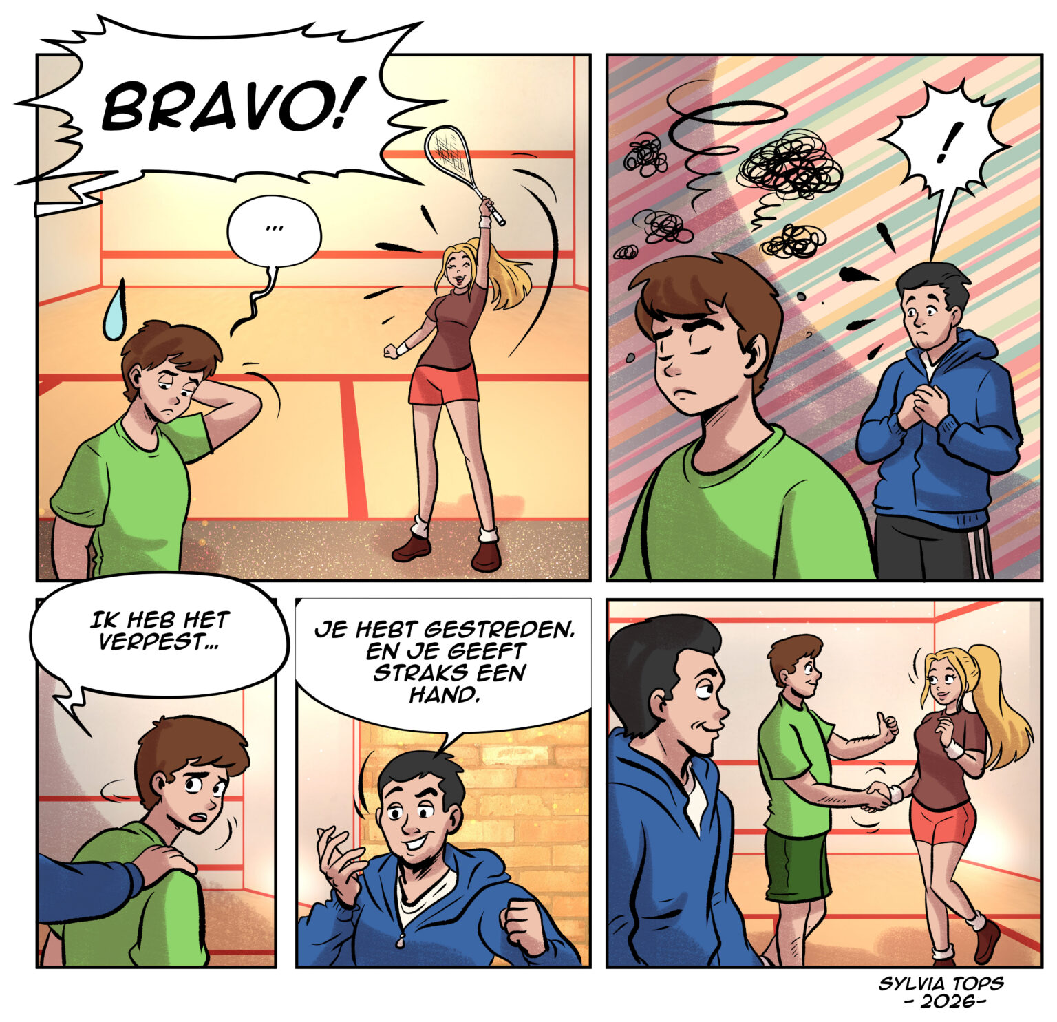 Cartoon Coaches als rolmodel: Een jeugdspeler is teleurgesteld na een verloren wedstrijd. Zijn coach legt een hand op zijn schouder, waarna de speler zijn tegenstander een hand geeft.