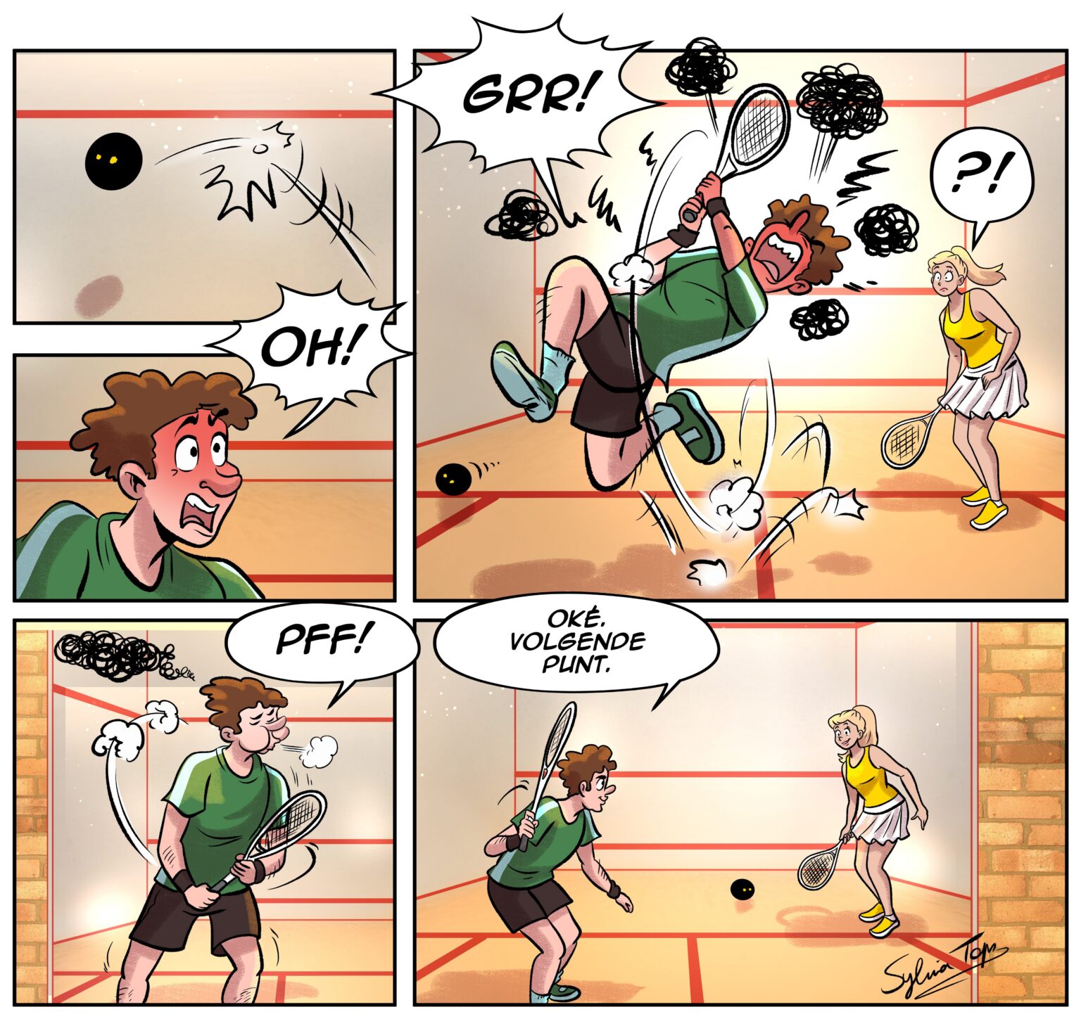 Cartoon Respect voor materiaal: Na een verloren punt wil een speler boos zijn racket weggooien, maar hij houdt zich in, ademt diep in en zegt: “Oké. Volgende punt.”